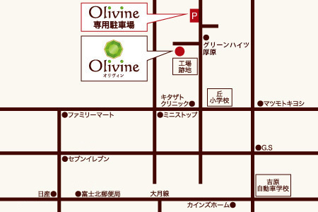 富士市ヨガ・パーソナルトレーニング・オリヴィンの専用駐車場の地図